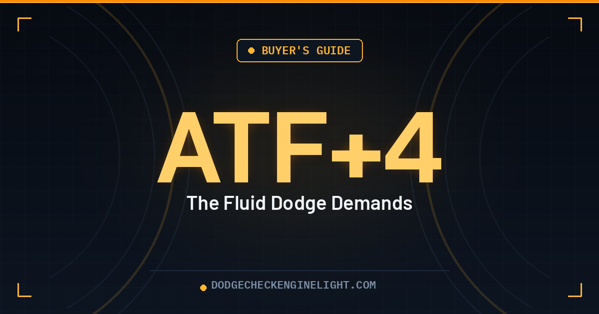 ATF+4 Dodge transmission fluid buyer's guide badge on dark cockpit background