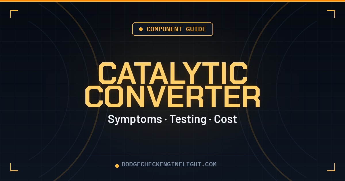 Dodge catalytic converter component guide badge on dark cockpit background