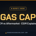 Dodge gas cap buyer's guide badge on dark cockpit background