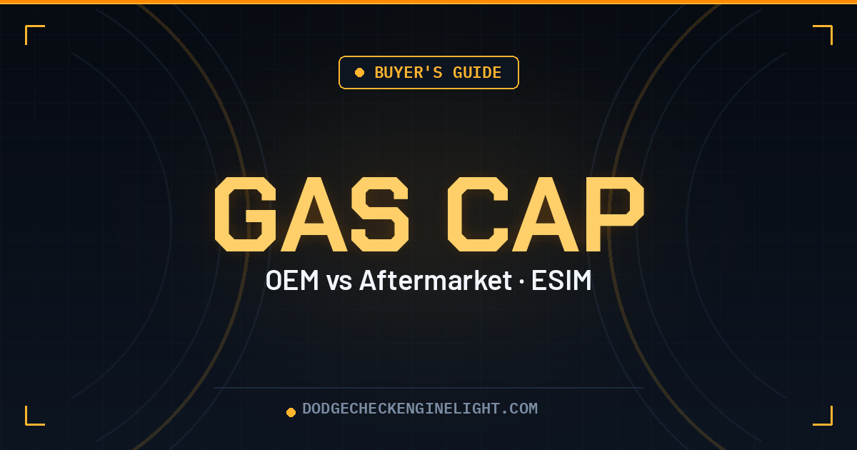 Dodge gas cap buyer's guide badge on dark cockpit background