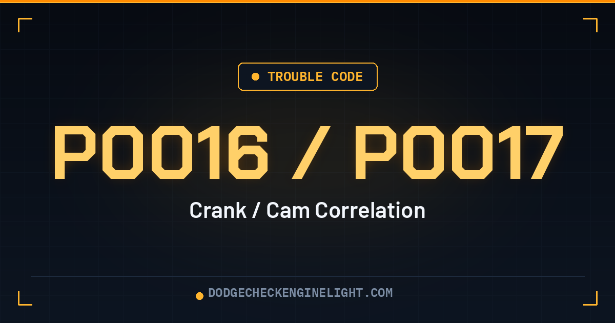 Dodge P0016 P0017 camshaft crankshaft correlation code badge on dark cockpit background