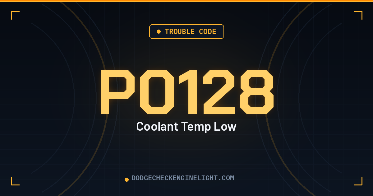 Dodge P0128 check engine light code badge on dark cockpit background