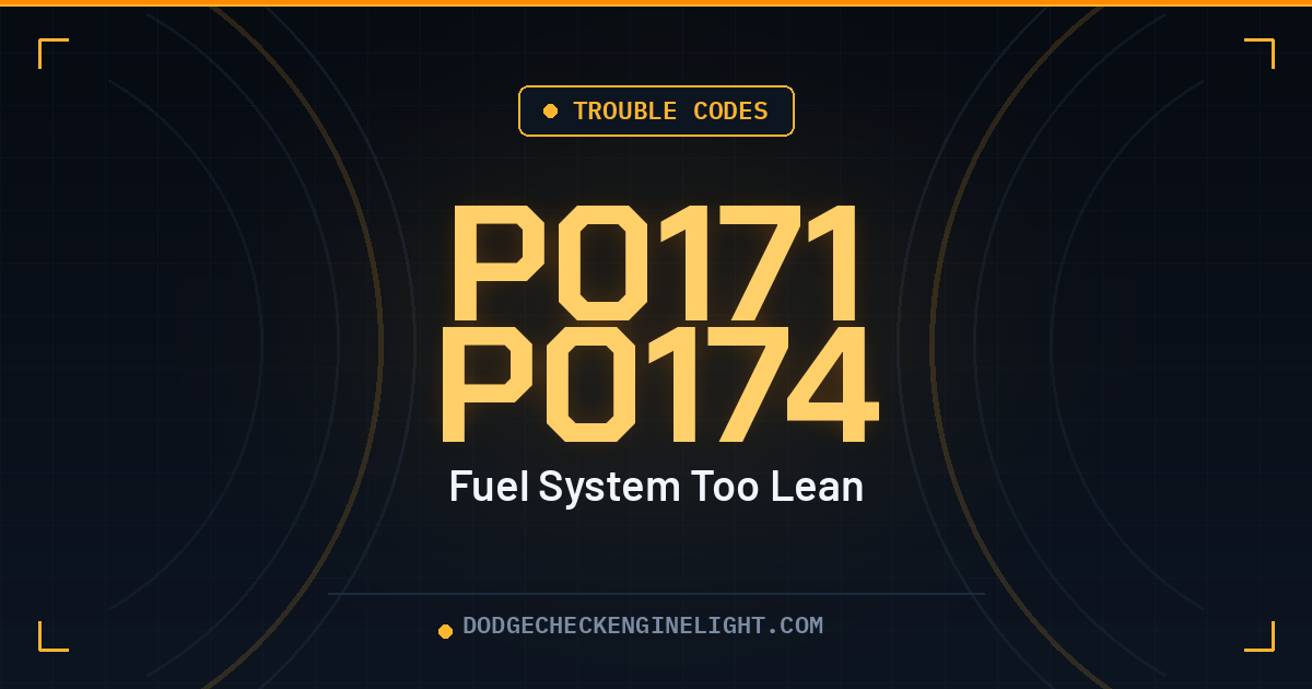 Dodge P0171 P0174 check engine light code badge on dark cockpit background