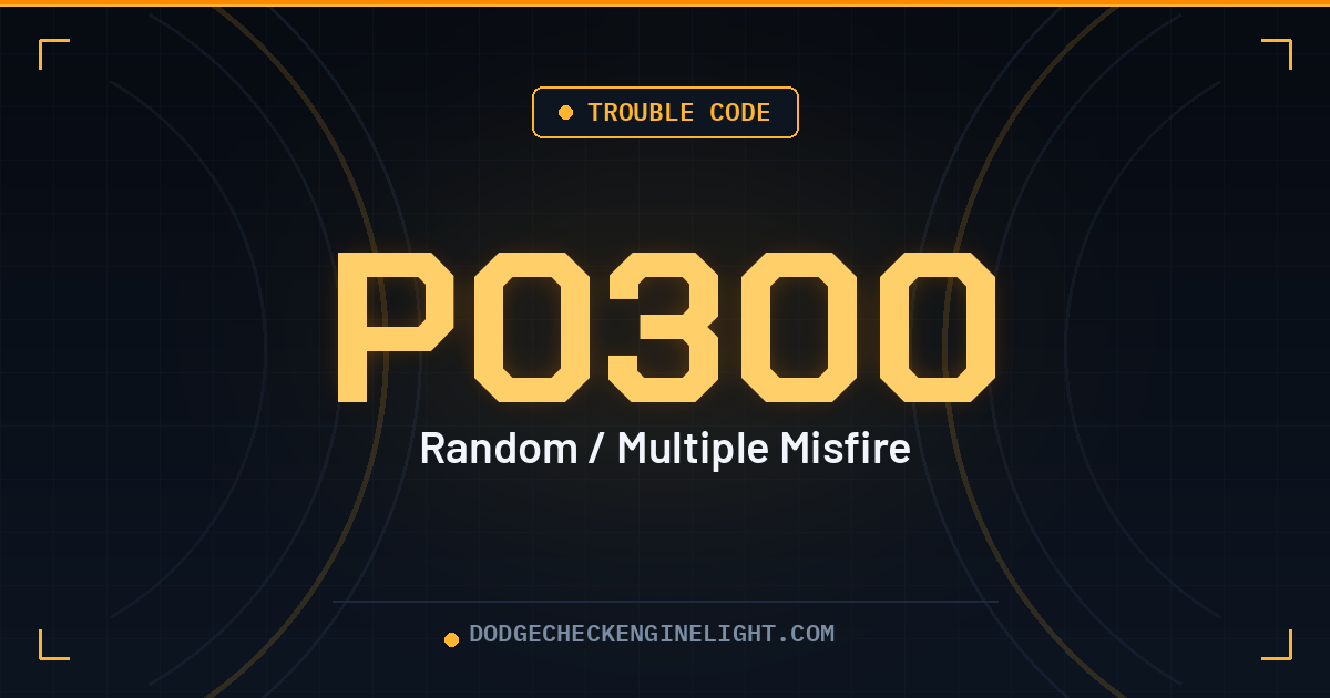 Dodge P0300 check engine light code badge on dark cockpit background
