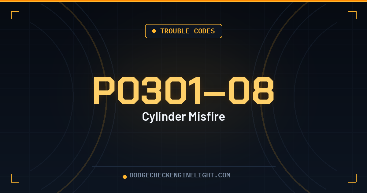 Dodge P0301 to P0308 cylinder misfire code badge on dark cockpit background
