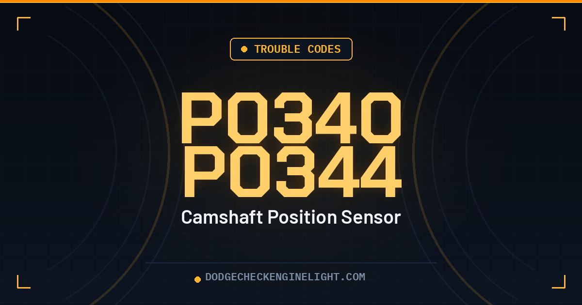 Dodge P0340 P0344 camshaft position sensor code badge on dark cockpit background