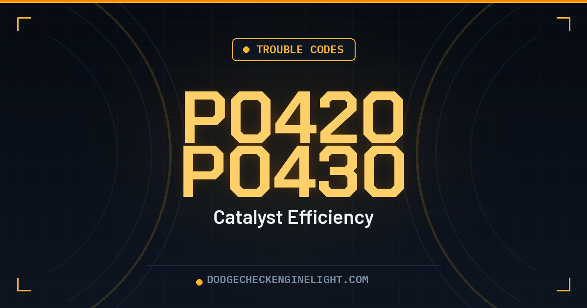 Dodge P0420 P0430 check engine light code badge on dark cockpit background