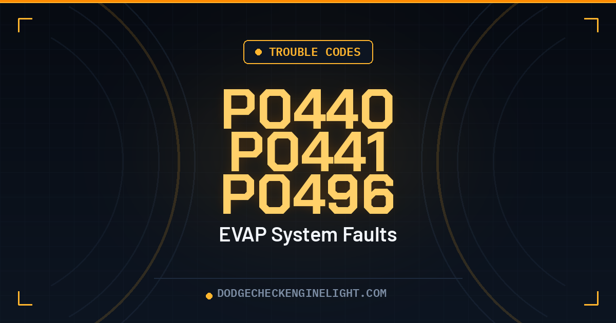 Dodge P0440 P0441 P0496 EVAP code badges on dark cockpit background