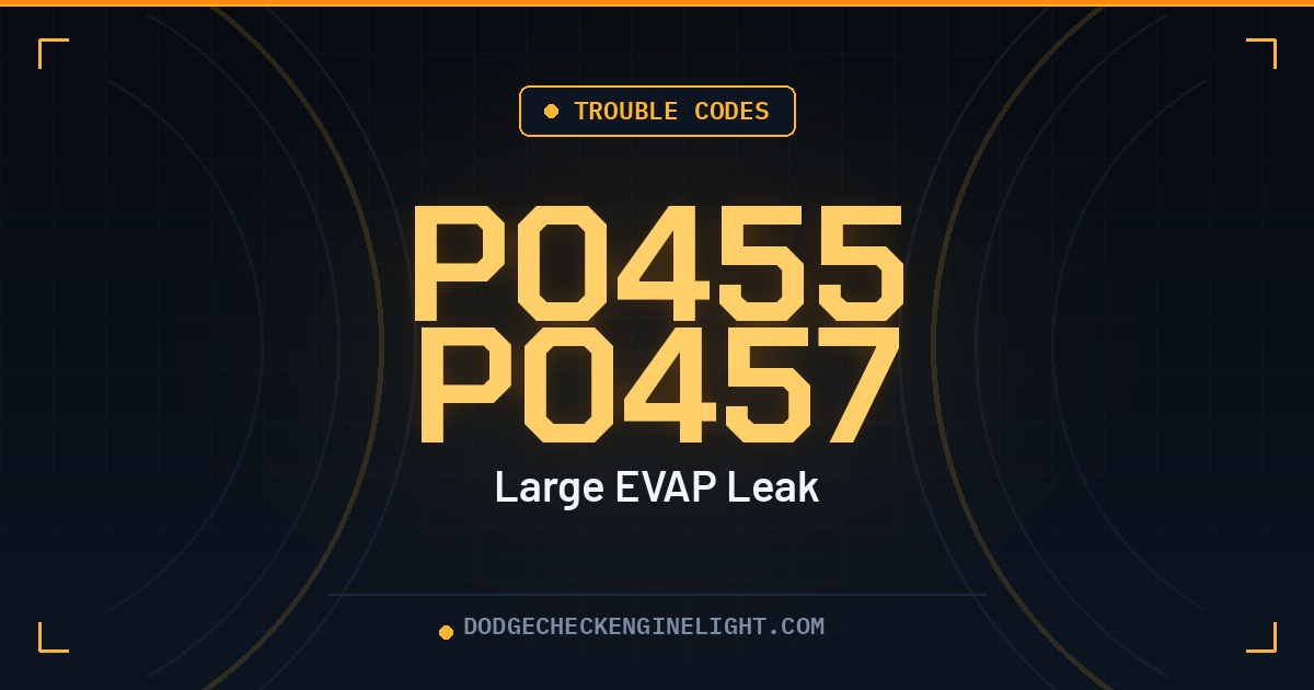 Dodge P0455 P0457 EVAP leak code badge on dark cockpit background