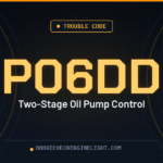 Dodge P06DD two-stage oil pump control code badge on dark cockpit background
