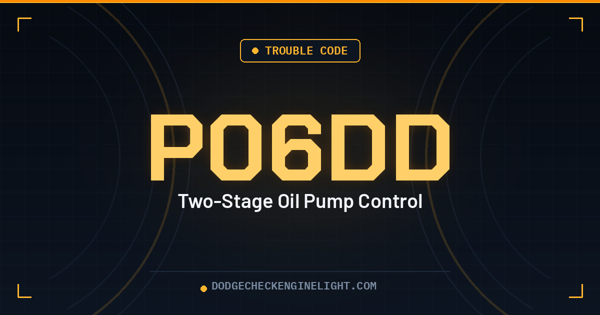 Dodge P06DD two-stage oil pump control code badge on dark cockpit background