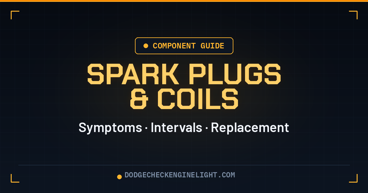 Dodge spark plugs and ignition coils guide badge on dark cockpit background